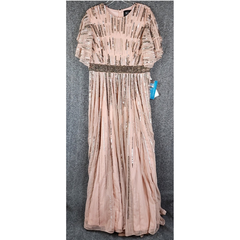 Mac Duggal Maxi Dress Womens 14 93582 Nude Sequin Beaded Flutter Sleeve NEW